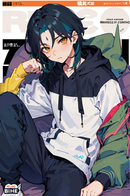 00036-4227510929-masterpiece, best quality, 1boy, male focus, yellow eyes,  _lora_Genshin_Xiao_AP_v3_0.7_, _(hoodie_1.2), (magazine cover_1.0), _.png